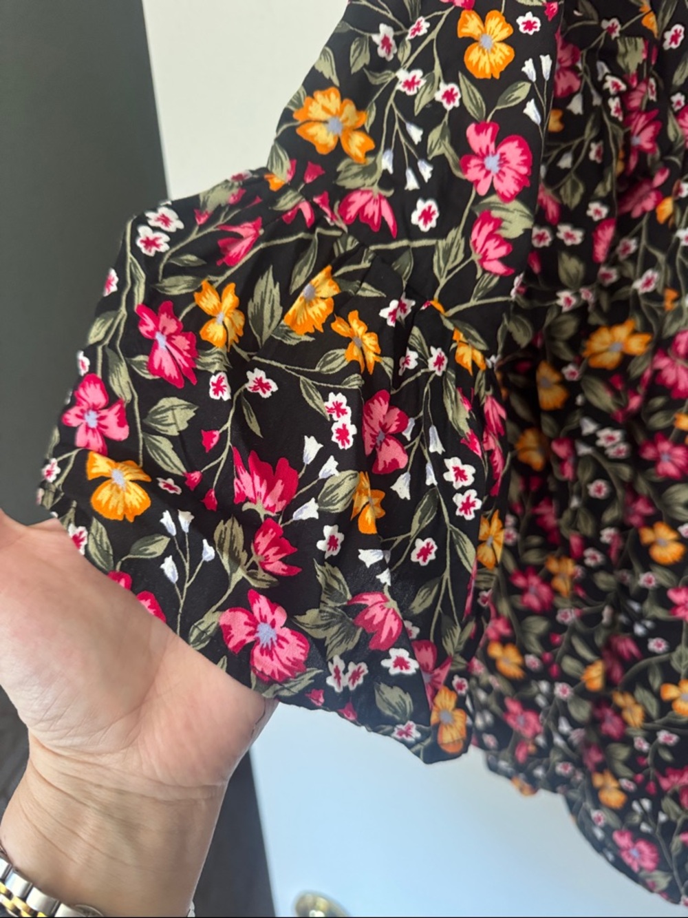 Old Navy Black Floral Tie-Neck Blouse with Pink & Yellow Blossoms - Picture 3 of 4